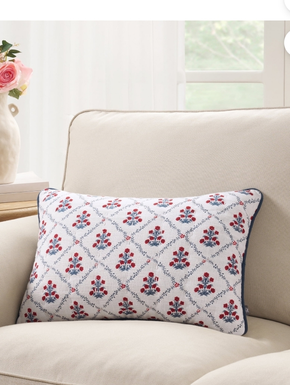 Embroidered White Lumbar Pillow with Red Floral Motif